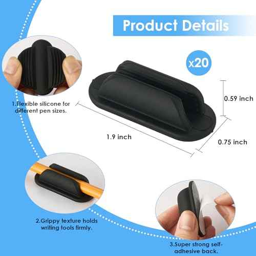 20 PCS Adhesive Pencil Holders, Silicone Marker Organizer for Desk, Notebook, Wall or Clipboard, Reusable Teacher Supplies for Classroom, Office, School Accessories (Black)
