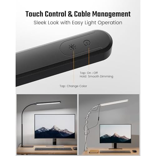 SUPERDANNY Eye-Caring LED Desk Lamp with Base 360¡Æ Flexible Gooseneck Work Lamp Touch Control 3 Light Colors Smooth Dimming Task Lighting Reading Light for Home Office College Dorm, Black