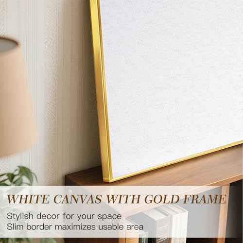Linen Bulletin Board, 24"x18", White Cork Board for Wall, Gold Aluminum Frame, Upgraded Canvas Pinning Surface, 10 Push Pins, White