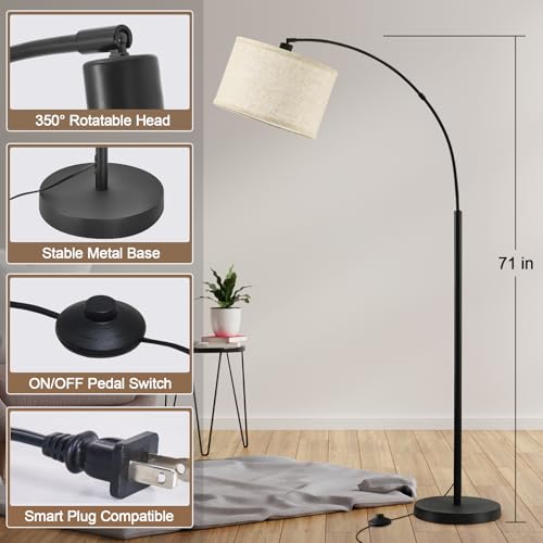 Luvkczc 71" Arc Floor Lamps for Living Room, Standing Lamp with Adjustable Head, Tall Pole Lamp with Foot Switch, Arched Reading Light for Bedroom, Office, 9W 3 Color Temperatures Bulb Included