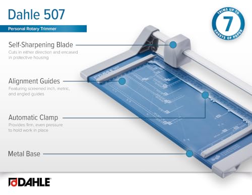Dahle 507 Personal Rotary Trimmer 12-Inch Cut Length, 7 Sheet Capacity, Self-Sharpening, German Engineered Paper Cutter