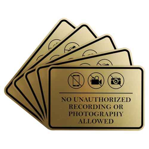 Classic Framed No Unauthorized Recording or Photography Allowed Door or Wall SignDurable Material | Easy Installation (Brushed Gold) - Medium (5 Pack)