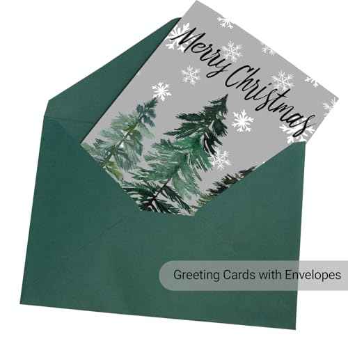 GEEORY Boxed Christmas Greeting Cards 5" x 7" Watercolor Xmas Tree & Snowflake (24 with Envelopes & Stickers) | Bulk Holiday Cards for Winter Gifting Green Grey GH003