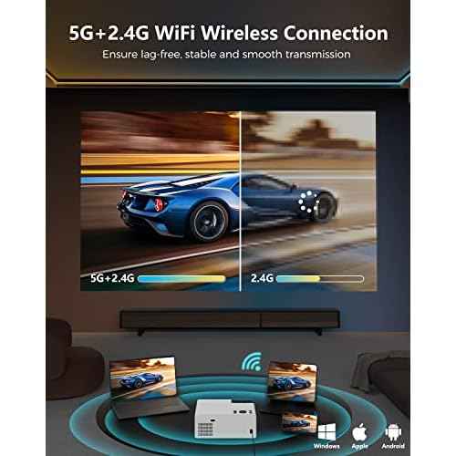 FUDONI Projector with WiFi and Bluetooth, Outdoor Portable 4K Support Projector HD 1080P Max 300" Display Zoom, Movie Video Home Theater Projector Compatible w/HDMI/USB/Phone/Laptop/TV Stick