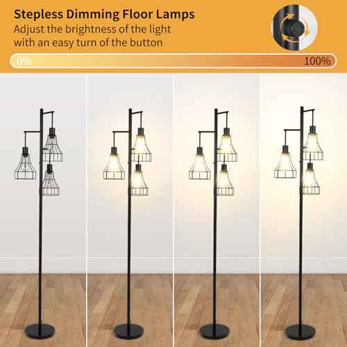Dimmable Floor Lamp,70¡¯¡¯ Farmhouse Rustic Standing Tree Lamp with 3 LED Edison Bulbs,Industrial Modern Tall Lamp with Elegant Cage for Living Room Corner Bedroom Office Reading
