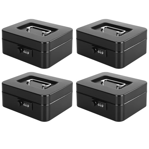 KYODOLED Metal Cash Box with Combination Lock & Money Tray - Secure Safe for Home, Office & Events, Ideal for Cash, Meds & Small Items, 7.87" x 6.30" x 3.35", Black, 4PACK