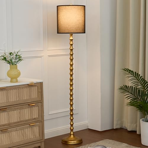 64" Gold Bamboo Floor Lamp, Mid-Century Modern Floor Lamp for Living Room & Bedroom with Black Drum Shade