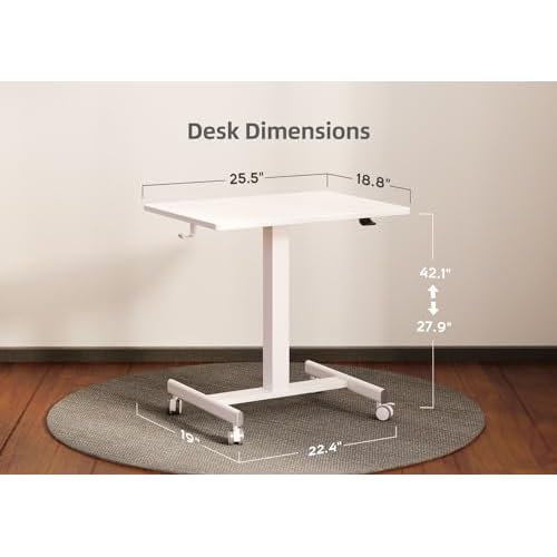Claiks Mobile Standing Desk, Small Rolling Workstation With Wheels, Pneumatic Laptop Desk for Home Office With Hook, White