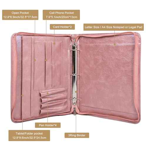 AZXCG Padfolio for Women,Vegan Leather Padfolio with 3 Ring Binder,Professional Business Portfolio Organizer,Multi-Pocket Leather Binder for Meeting/Interview