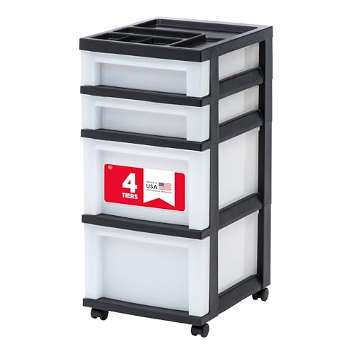 IRIS USA 4-Drawer Rolling Storage Cart with Organizer Top, Black/Pearl - Mobile Home & Office Organization