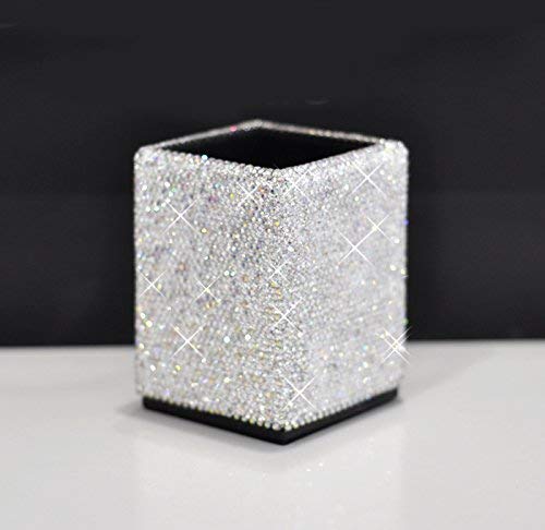 Bestbling crystal Pencil Pen Pot Holder Box Bling Rhinestone Pen organizer Holder Cosmetic Pen Container (Silver, Spquare)