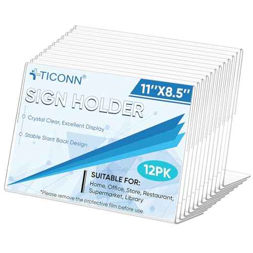TICONN 11 x 8.5 Acrylic Sign Holder, L Shape Clear Sign Stand for Displaying, Plastic Paper Holder for Office, Store, Restaurant (Horizontal 12 Pack)