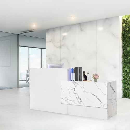 Reception Desk,Modern Checkout Counter with Lockable Drawer,Keyboard Tray and Shelves,White Receptionist Desk for Corporate and Hotel Lobbies£¨23.6¡±D x 86.6¡±W x 43.3¡±H£©
