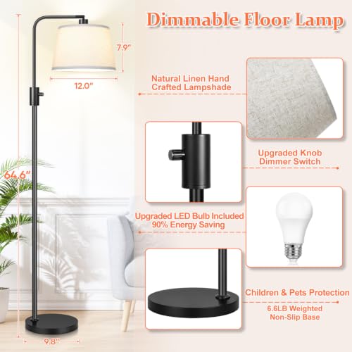 Nintiue Matte Black Dimmable Floor Lamp with Beige Linen Shade, 1000 Lumens LED Bulb Included, Modern Standing Reading Lamp for Living Room & Bedroom