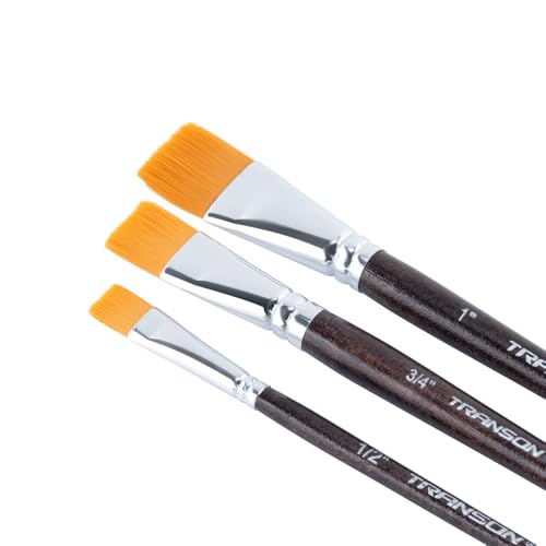 Transon 3-Piece Flat Paint Brush Set for Acrylic Watercolor Gouache & Oil - Short Handle, Synthetic Bristles