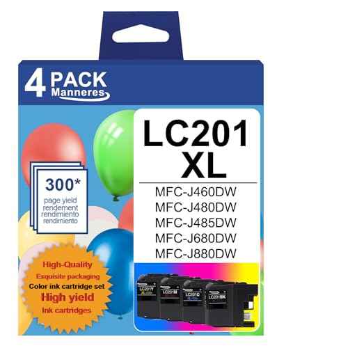 LC201XL Ink Cartridges High Yield (4 Pack, BK/C/M/Y) - Replacement for Brother LC201BK LC201C LC201M LC201Y LC203 XL Ink Cartridge Work with MFC-J460DW MFC-J480DW MFC-J485DW Printer