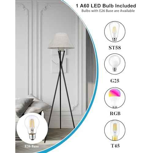 FAITHSAIL Black Tripod Floor Lamp, Dimmable Mid Century Standing Lamp with Fabric Shade, Modern Design Studying Light for Living Room, Bedroom, Study Room and Office(Bulb Included)