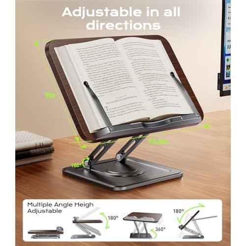 Book Stand for Reading, Adjustable Book Holder with 360¡ÆRotating Bases, Ergonomic Cookbook Stand Recipe Book Holder with Elastic Page Clips for Magazines, Tablets, Laptops