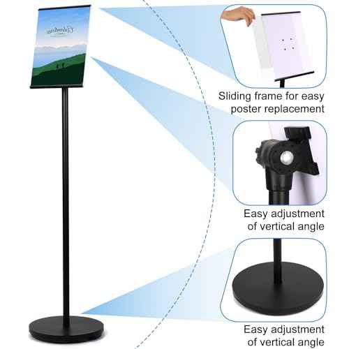 Sign Stand, Sign Holder Stand 8.5x11 inch, Adjustable Floor Standing Sign Holder, Signage Standing Display Sign Holders for Business, Advertising, Malls, Schools, Restaurants, Easy to Transfer(Black)
