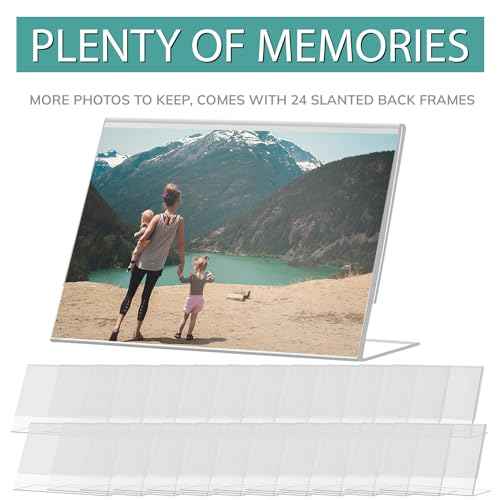 pbf 7x5 Acrylic Sign Holder | 7 x 5 Horizontal Stand Up Slanted Sign Holder | Acrylic Stands for Display | Clear Picture Frame, Menu Table Top Stand, Plastic Flyer Holder (24-Pack)