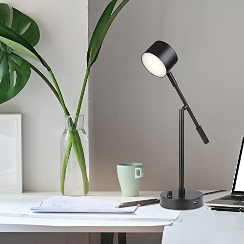 GLOBE Electric 52271 Aristocrat 16" Integrated LED Swing Arm Desk Lamp, Matte Black, Dimmable On/Off Rotary Switch at Base, 2.1A USB Port