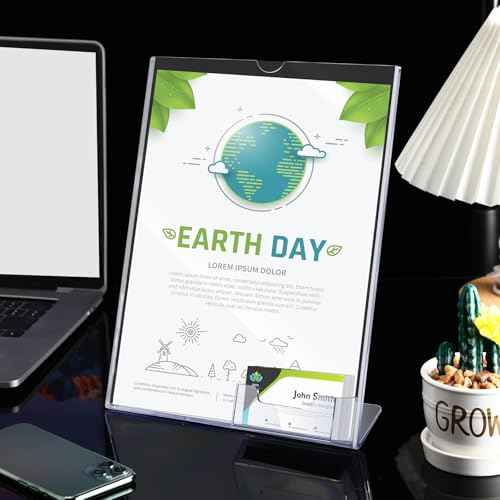 Vicenpal Acrylic Flyer Stand Sign Holder with Business Card Holder 8.5 x 11 Clear Brochure Display Stand with Business Card Pocket for Magazine Pamphlet Booklets Menu Desktop(4 Pcs)