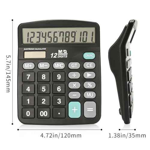 M&G Desk Calculator 12 Digit Office Calculators with Large LCD Display, Dual Solar Power and Battery, Recessed Big Button Calculator for Office Home School (Black)