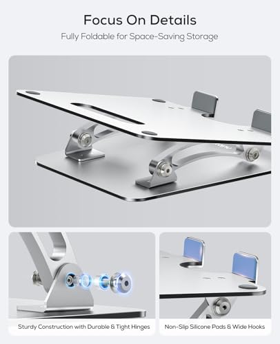 Nulaxy A-Silver Ergonomic Adjustable Laptop Stand for 10-16" Devices, Foldable & Heat-Vent