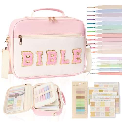 Bible Cover Case for Women Bible Study Supplies Large Preppy Chenille Pink Leather Bible Carrying Tote Bag Letter Bible Case Christmas Christian Gifts for Women Girls (Pink, Large)