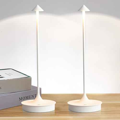 Cordless Table Lamp, Rechargeable Table Light Battery Powered LED Desk Lamp, Stepless Dimming Bedside Lamp, Minimalist Night Light in Aluminum for Restaurant/Bar/Home/Outdoor,White,2Pack