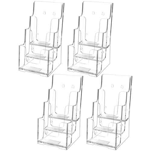 MaxGear Acrylic Brochure Holder, 4 Inch Wide 3 Tier Literature Display Stand, Clear Premium Acrylic Pamphlet Holder, Multi Pocket Wall Mount or Countertop Organizer, Office or Home Use, 4 Pack