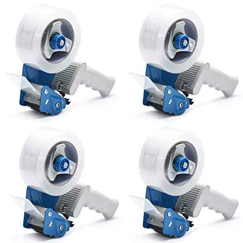Packing Tape Dispenser Gun (4 Packs) Pacific Mailer 2 Inch Tape Gun Dispenser with 2 Inch Carton Packing Tape, Lightweight Industrial Side Loading Tape Dispenser - Blue