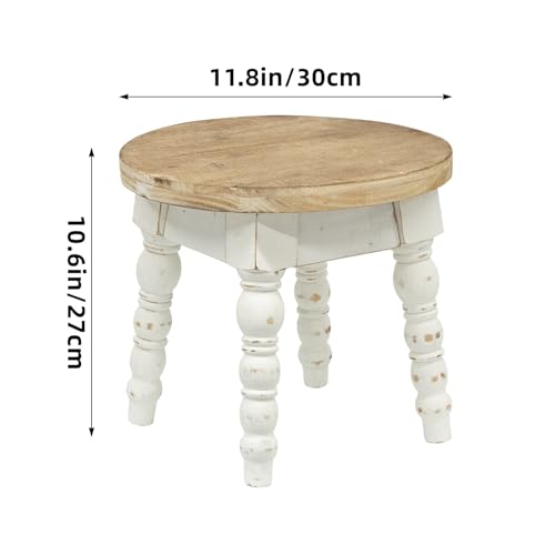 JUMBO DECOR Whitewashed Round Wooden Step Stool for Kids & Adults – Farmhouse Plant Stand, 11.8 in