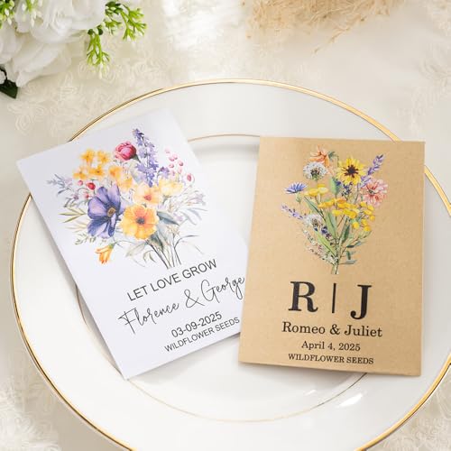 Personalized Wedding Seed Packet Favors with Names & Date, Kraft/White Envelopes, 20-300 pcs