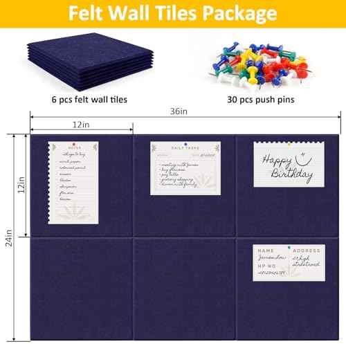 Bulletin Board, 36"¡¿24" Felt Wall Tiles, 6 Pack Cork Boards for Office, Large Black Corkboard for Office Home (with 30 Pcs Push Pins) (Blue)