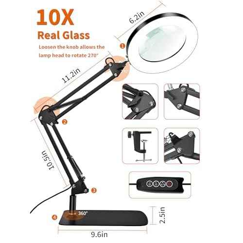10X Magnifying Glass with Light, 11" Desk Lamp with Base & Clamp, Real Glass Lens, Dimmable LED & 3 Color Modes, Magnifier Light for Crafts, Reading, Painting, Repair Work