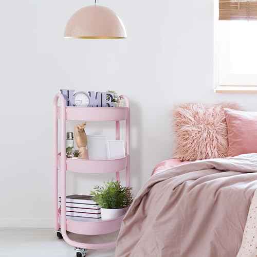 HOMESTEAD Round Rolling Side Table Cart, 3 Tier Metal Utility, 60 lb Heavy Duty, 15¡È Diameter, Lockable 360¡Æ Casters (Pink)