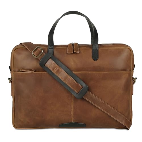 KomalC 15.5 Inch Leather Laptop Sleeve with Trolley Strap ? Slim Genuine Leather Bag for 13", 14", 14.5" Laptops ? Office Briefcase with Shoulder Strap & Organizer