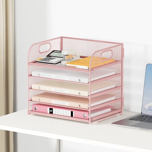 Lavatino 5-Tier Pink Mesh Letter Tray Organizer with Handles - Desktop File Storage