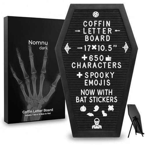 Nomnu Black Coffin Letter Board with Bat Stickers - Goth Decor, Spooky Emojis, Halloween & Witchy Vibe