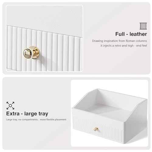 Office Desk Accessories,Beige White Vegan Leather Office Organizer with 1 Drawer & Tray,Pen Holder with Gold-Tone Metal Accents Knob for End Tables,Bedside Table,Bedroom.