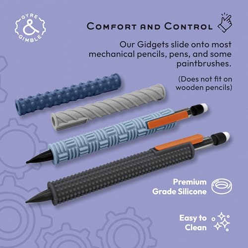 Gyre & Gimble Pencil Gidgets ? Textured Silicone Pencil Sleeve for Quiet Fidgeting ? Transform Your Mechanical Pencil into a Sensory ADHD Tool for Kids and Adults ? 4 Sleeves & 2 Pencils - Gray