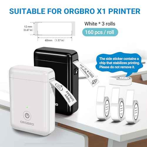 ORGBRO X1 Label Maker Tape, Genuine Thermal Label Print Paper 0.47"¡¿1.57"(12¡¿40mm), Standard Laminated Office Labeling Tape Replacement, 160 Tapes/Roll, 3-Roll, White