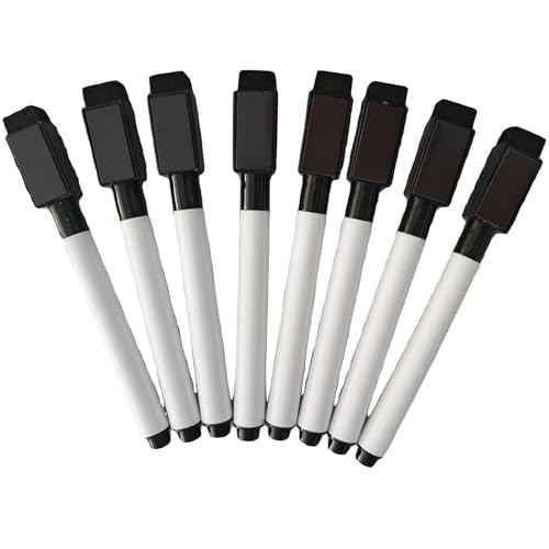 Fine tip Dry Erase Black Markers with Magnetic Cap and Eraser, Perfect for Dry Erase Boards and Whiteboards Pack of 8