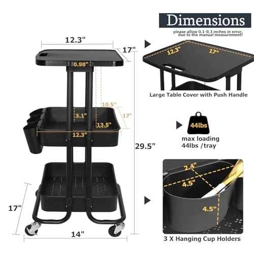 3 Tier Rolling Cart with Table Top, Black Metal Utility Storage Organizer Carts with Hanging Cups and Hooks, Multifunctional Mobile Cart with Casters for Small Spaces, Classroom,Offices,Dorm
