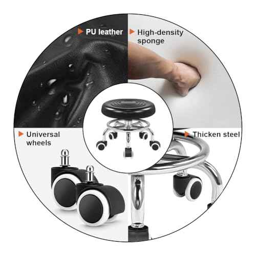 KKTONER Black Roller Seat PU Leather Rolling Stools with Wheels Nail Stool for Home Work Office Shop Step Stool (Black)