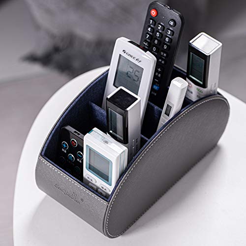 BONNY DODO Remote Control Holders Organizer Box with 5 Compartment PU Leather Multi-functional Office Desk Storage Caddy Store (Grey)