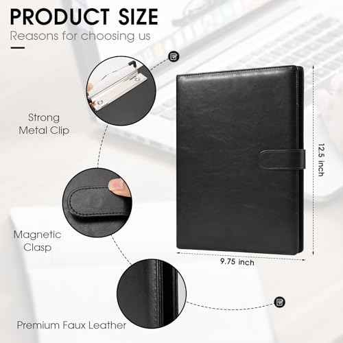 Professional Portfolio Binder with Clipboard, Faux Leather Padfolio Organizer for Resume, Interview Business Conference, Legal Pad Holder for A4 Letter Size Notepad with Multi-Pocket Storage (Black)