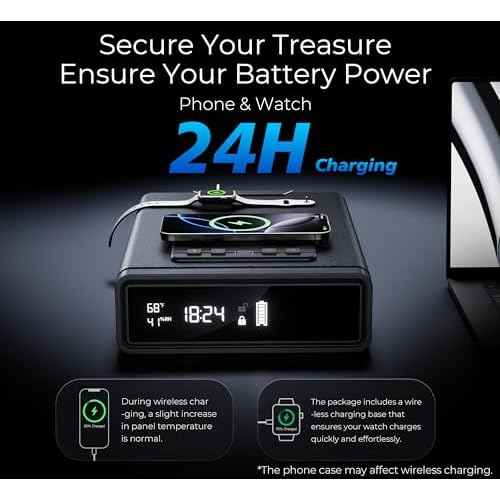 Smart Biometric Safe with Wireless Charging for Phone & Watch, 3 Access Methods to Unlock, Nightstand Drawer Safe LED Display with Humidity & Temperature Monitoring, Stopbox for Cash and Valuables