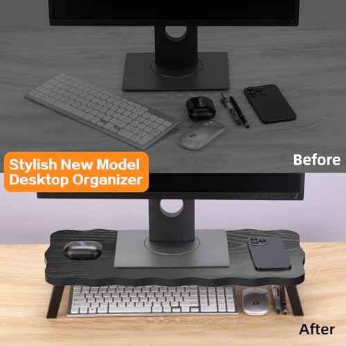 Monitor Stand Riser, Wooden Computer Stand for Desk, Wood and Steel Multi-Purpose Desktop Storage Laptop Riser Desk Shelf for Computer, Laptop, PC, Printer, 15.75 x 9.45 x 3.94 Inch Length (Black/2 Pack)